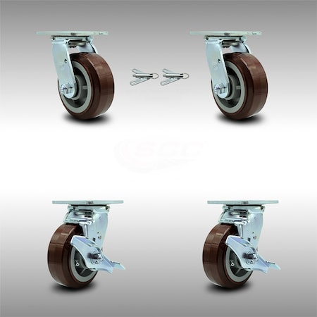 Service Caster 5 Inch SS Polyurethane Caster Set with Roller Bearings 2 Swivel Lock 2 Brake SCC SCC-SS30S520-PPUR-BSL-2-TLB-2